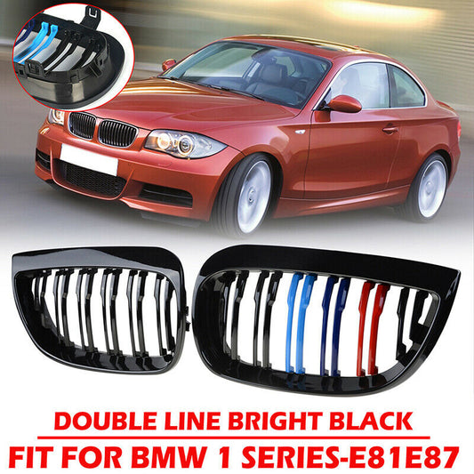 Gloss Black+M Color Dual Slat Front Kidney Grill For 03-07 BMW E81 E87 1 Series