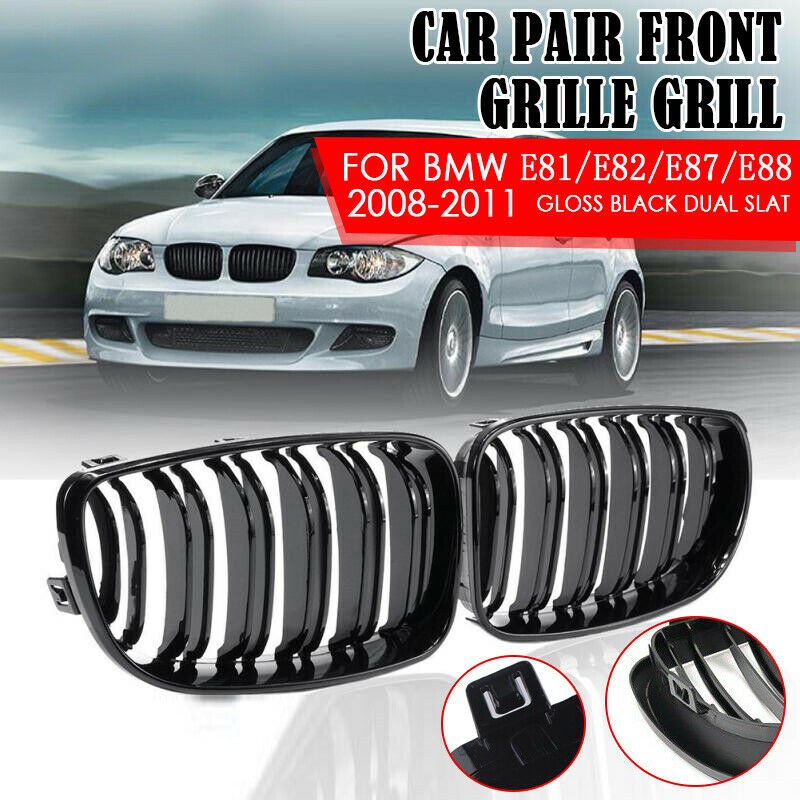 For 08-13 BMW E81 E82 E87 E88 1 Series Kidney Grill Grille Gloss Black Dual Slat