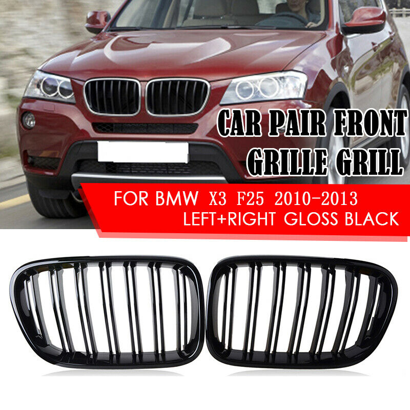 For BMW X3 F25 10-13 Front Bumper Twin Slats Kidney Grilles Grill Gloss Black