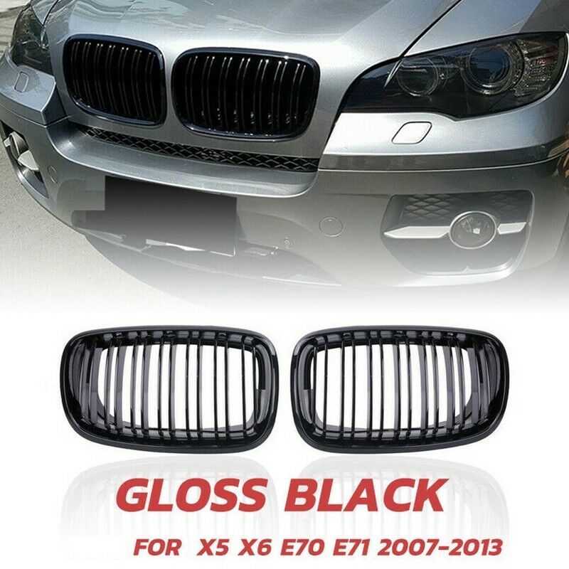 FRONT GLOSS BLACK BUMPER KIDNEY GRILLS GRILLES FOR BMW E70 E71 X5 X6 2007-2013