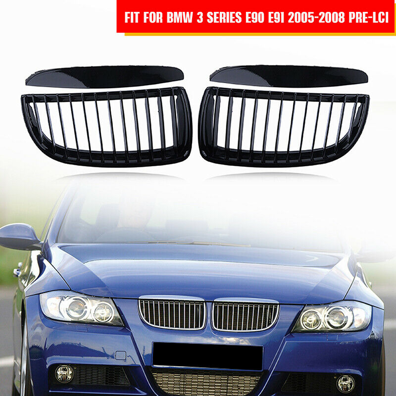 FOR BMW 3-SERIES E90 E91 05-08 PRE-LCI GLOSSY BLACK BUMPER KIDNEY GRILL GRILLES