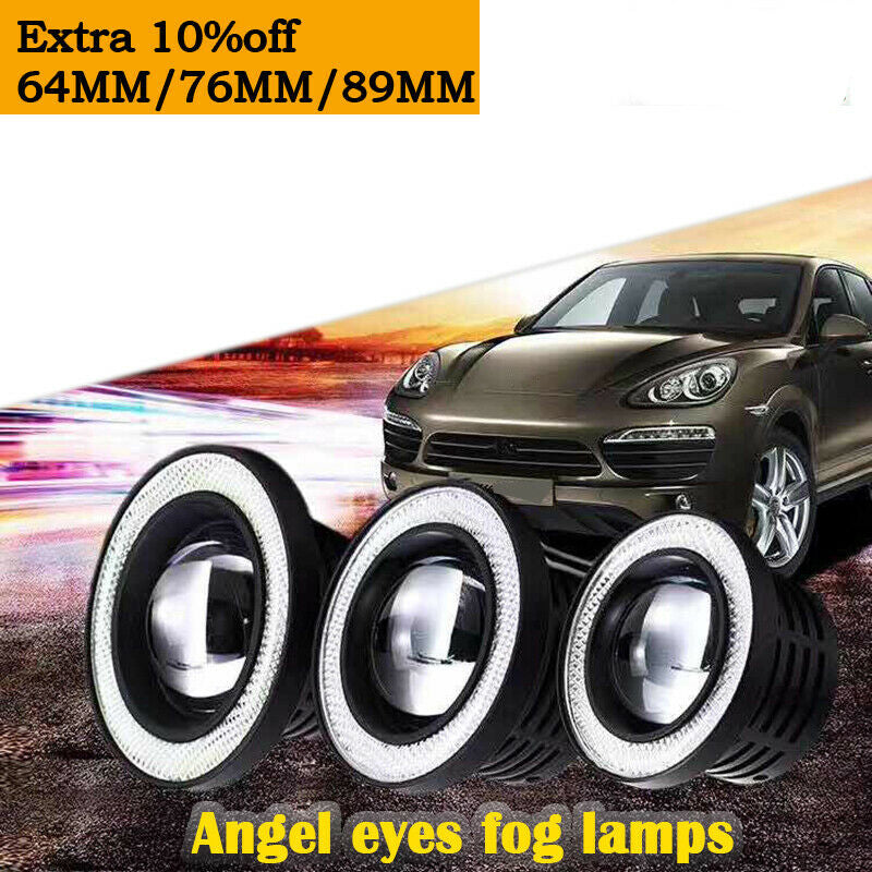 64-89mm Angel Eyes Halo Car Fog Lights Lamp Projector DRL COB LED Bulbs White AE