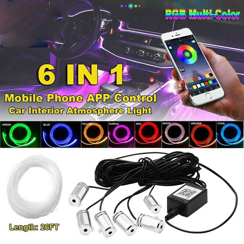 6x 8M RGB Car Fiber Optic Atmosphere Strip LED Light APP Waterproof DC Wireless