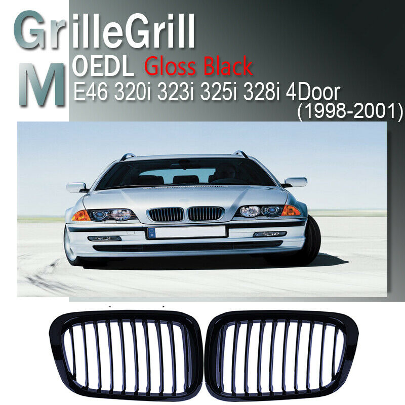 2pcs Gloss Black Front Grill Grille For BMW E46 1998-2001 Pre-facelift Saloon