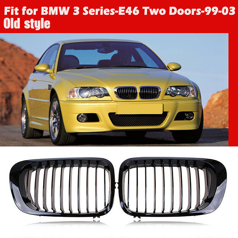 Pair Gloss Black Kidney Grill Grille For BMW E46 Coupe Cabrio 99-03 Pre-facelift