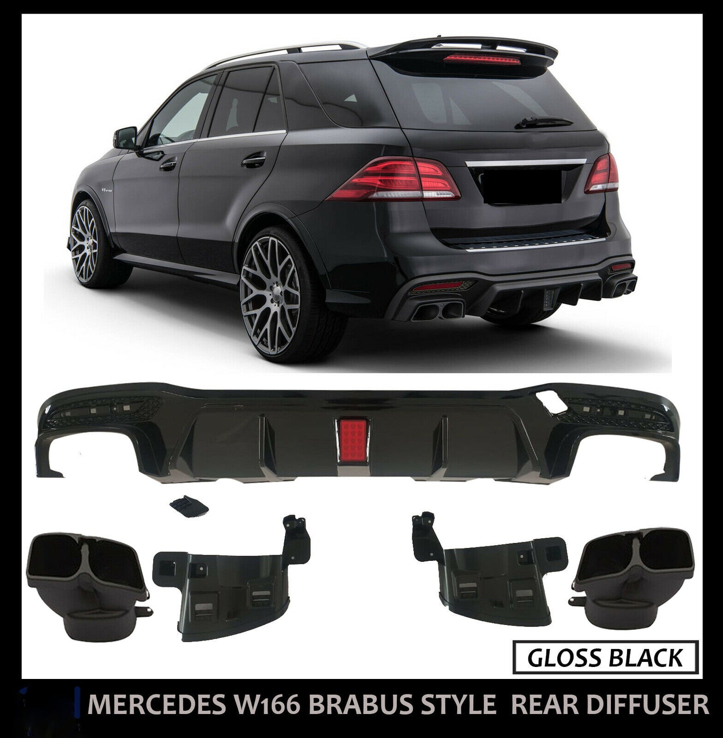 MERCEDES GLE GLS W166 X166 REAR DIFFUSER WITH LIGHT & TAILPIPES BLACK 2015-18