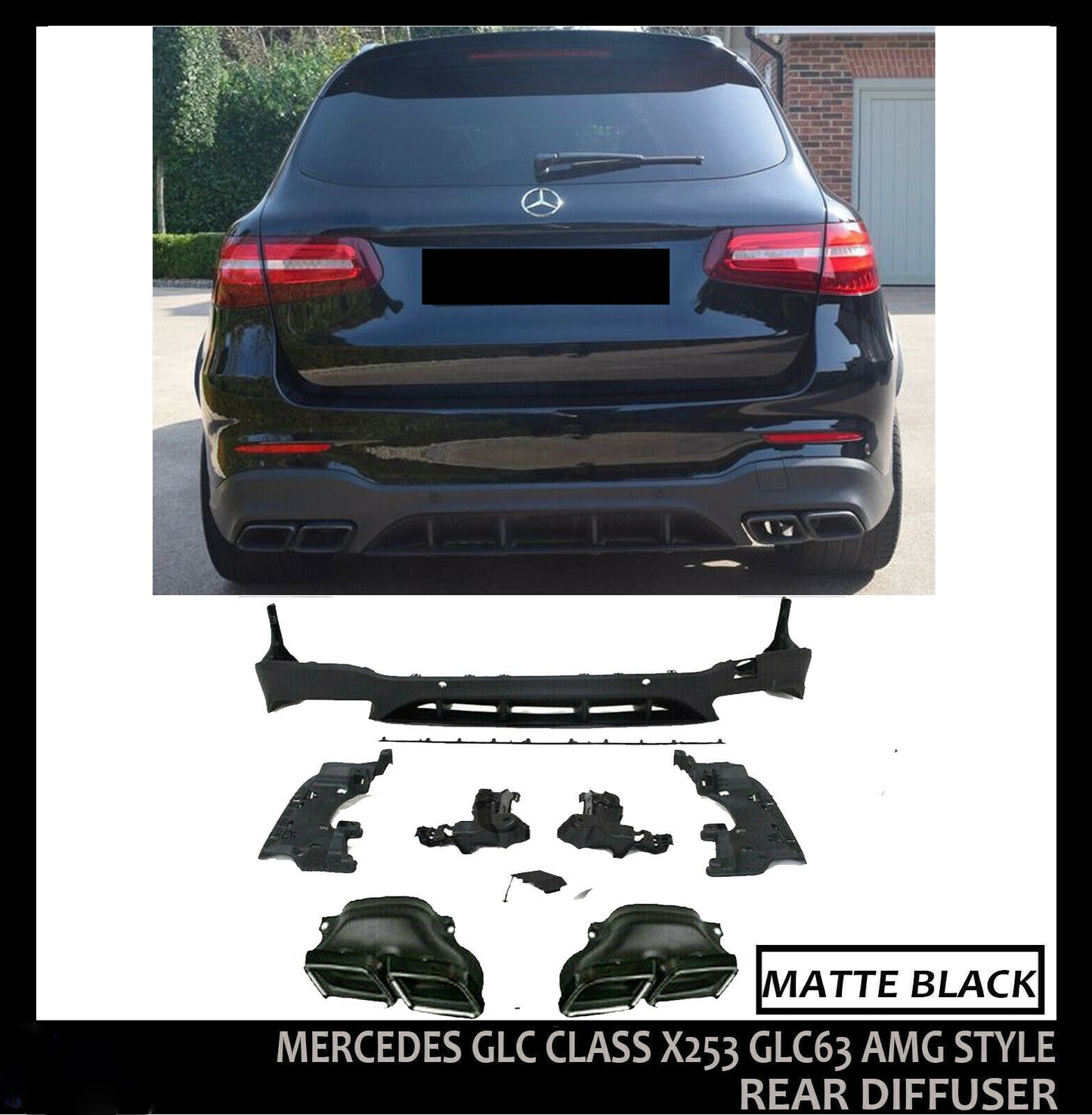 MERCEDES GLC CLASS X253 GLC63 AMG STYLE MATTE BLACK REAR DIFFUSER AND TIPS 16+