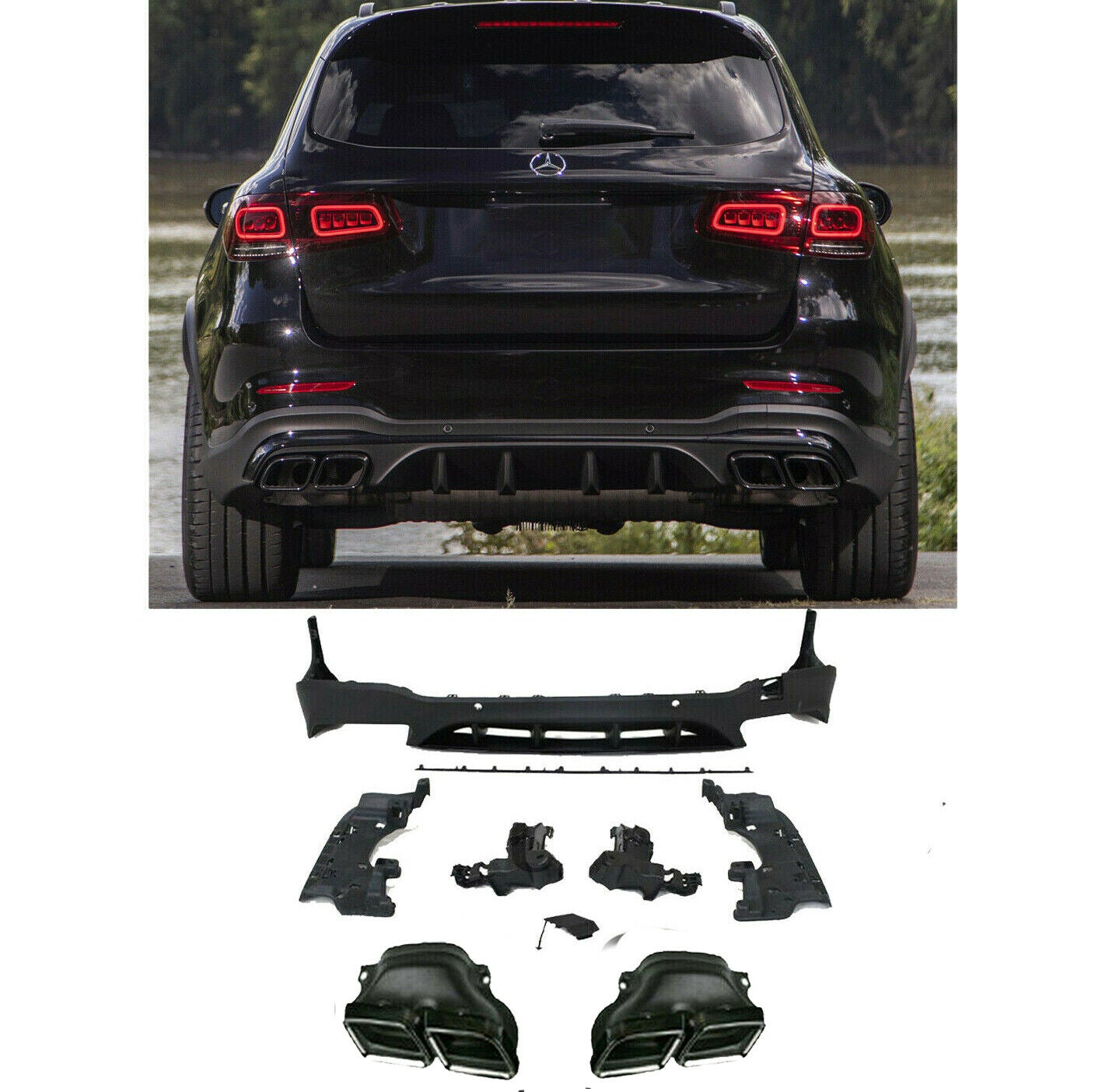 MERCEDES GLC CLASS X253 GLC63 AMG STYLE MATTE BLACK REAR DIFFUSER AND TIPS 16+