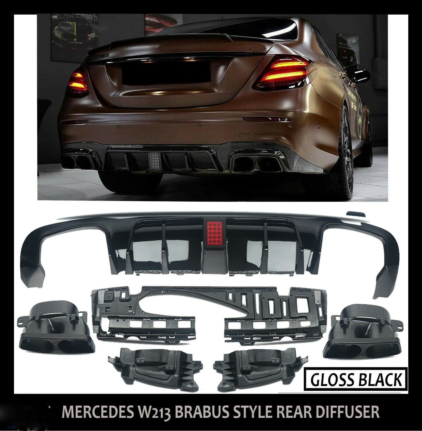 MERCEDES BENZ E CLASS W213 AMG C63 REAR BUMPER DIFFUSER AMG BRABUS STYLE GLOSS