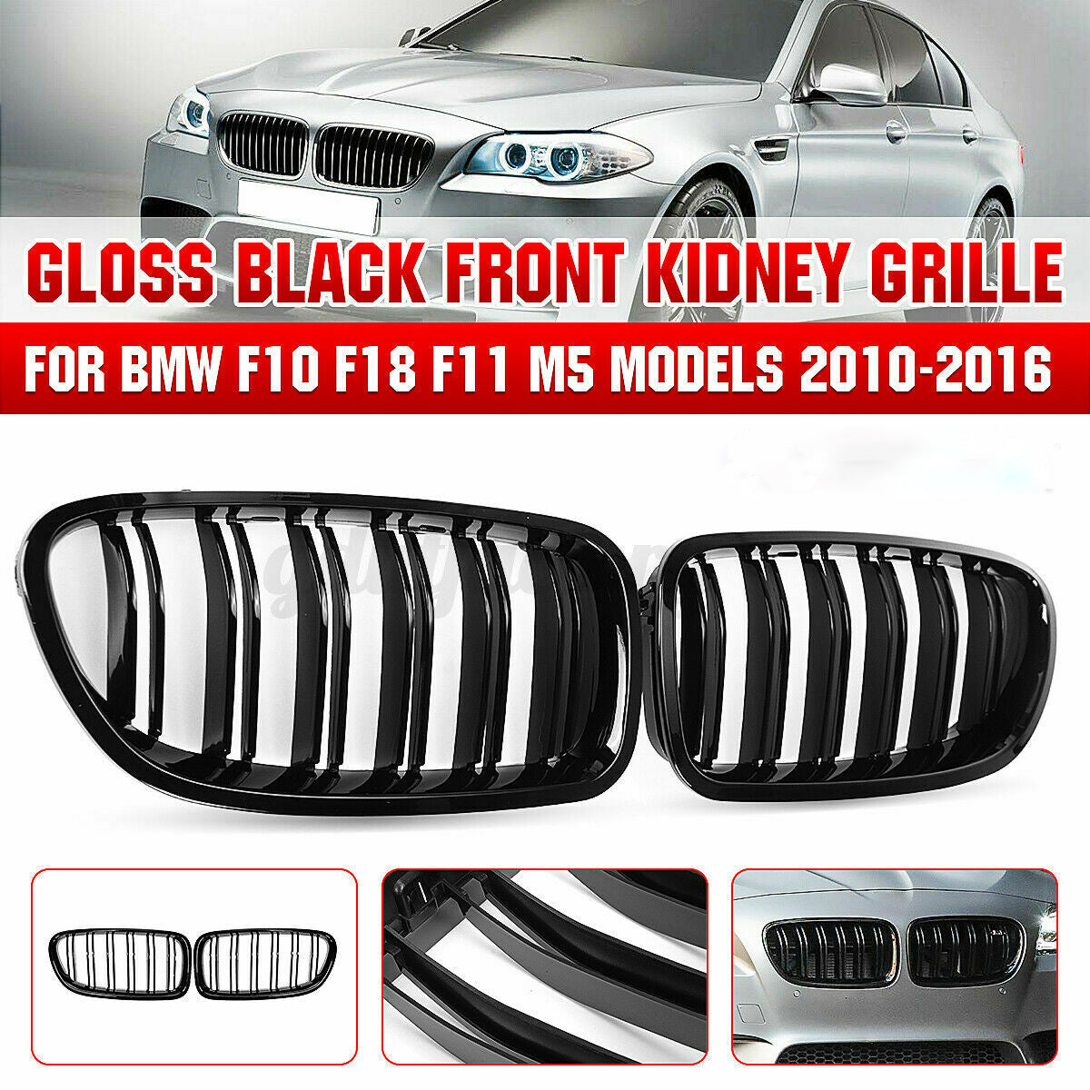 For Bmw M5 Look F10 F11 5 Series Kidney Grille Grill Gloss Black Twin Bar Slat