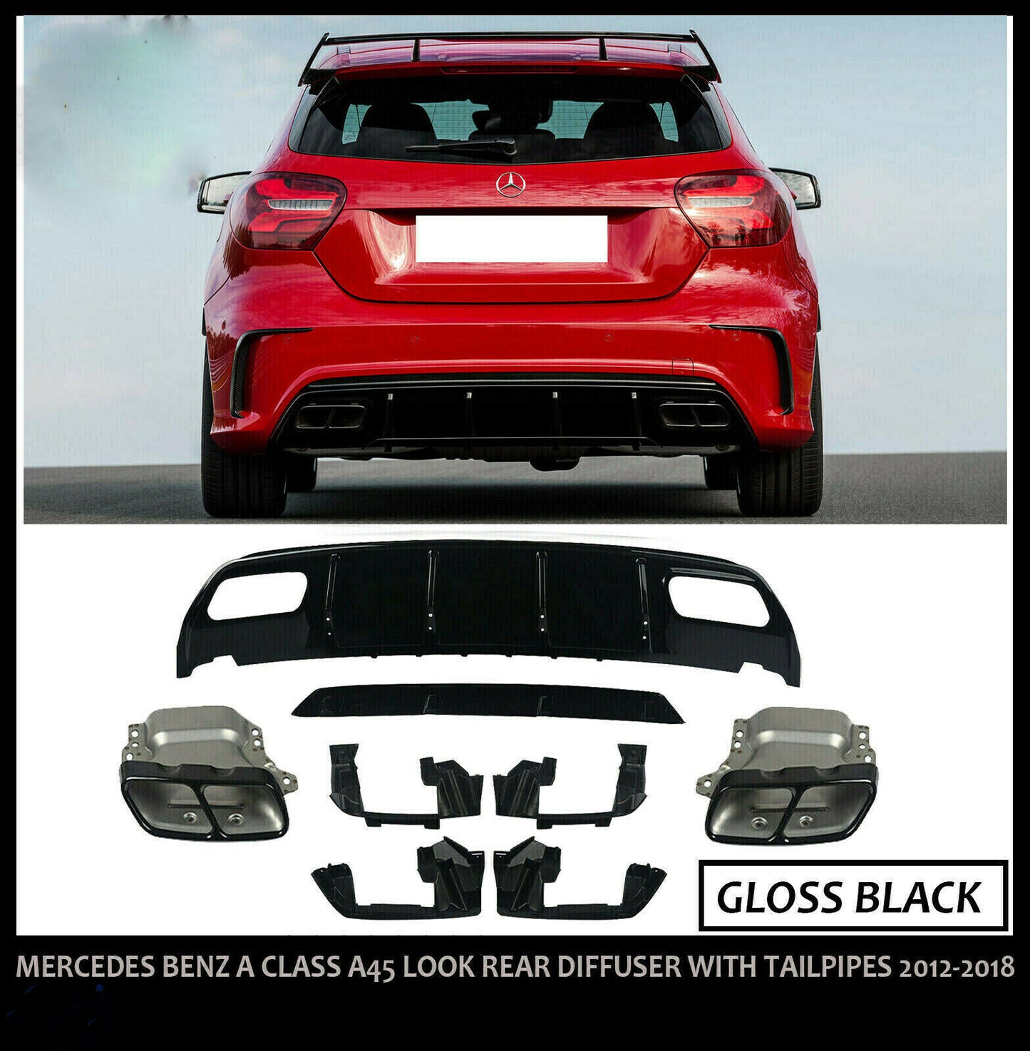 MERCEDES A CLASS W176 AMG A45 LOOK REAR DIFFUSER TAILPIPES GLOSS BLACK 2012-2018