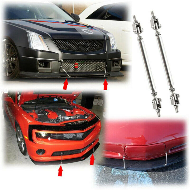 2x Silver Adjustable Front Bumper Support Tie Rod Bar Splitter Lip Strut 10cm