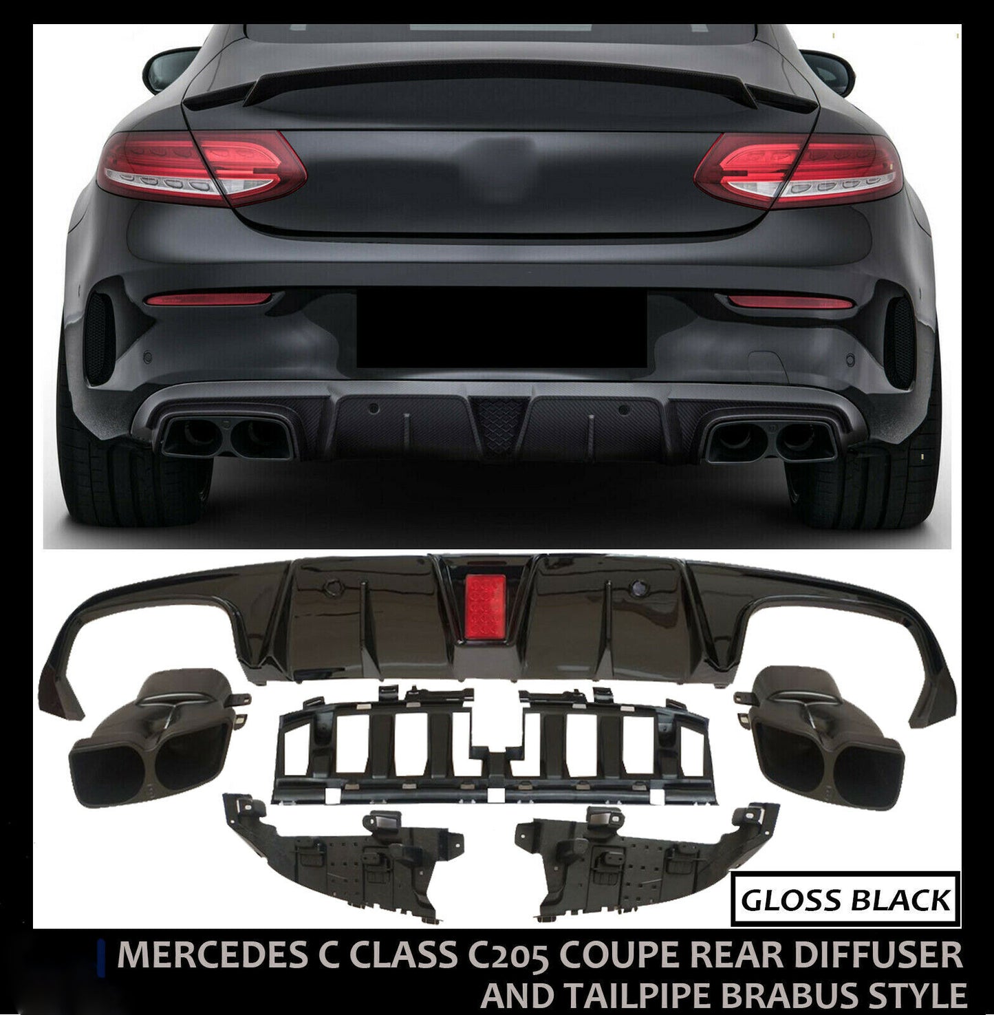 MERCEDES C CLASS C205 A205 COUPE AMG C63 S STYLE REAR DIFFUSER + BLACK TAILPIPES