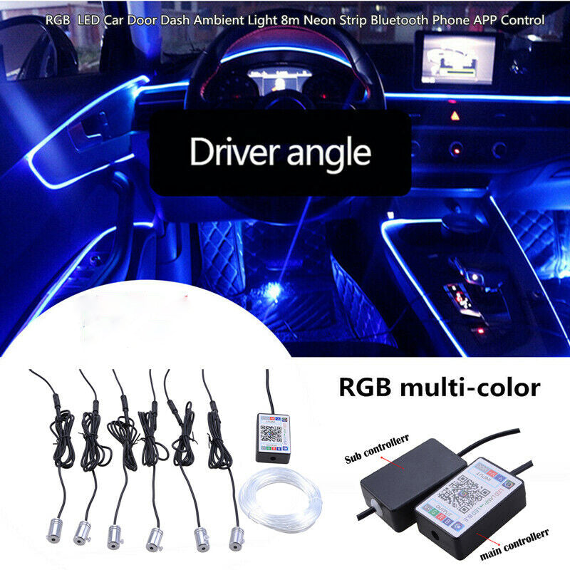 6in1 8M RGB LED Car Interior Fiber Optic Neon EL Wire Strip Light Atmosphere APP