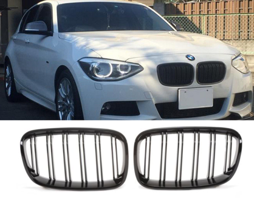 BMW F20 F21 >15 GLOSS SHINY BLACK FRONT KIDNEY GRILLES TWIN DOUBLE SLATS UK
