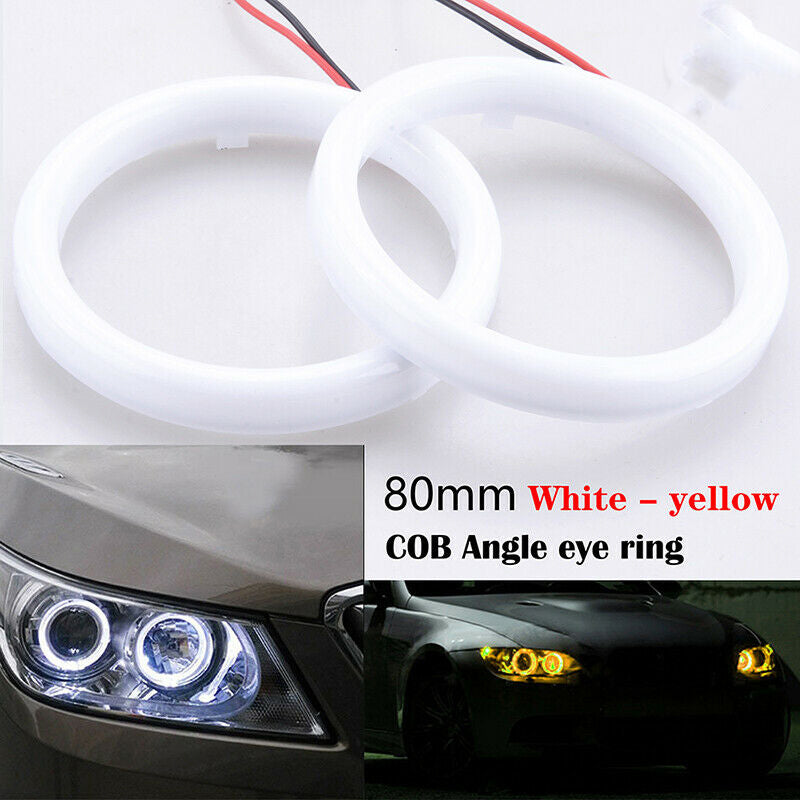 2x 80mm Angel Eyes COB Car Headlight Halo Ring White DRL Amber Turn Light UK