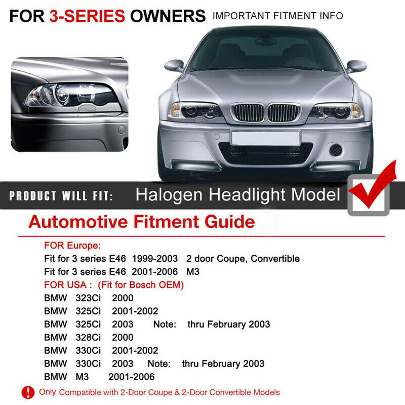 For BMW E46 2DR 1999 2000 2001 2002 2003 Coupe 2 Door Headlight Lens Cover PAIR