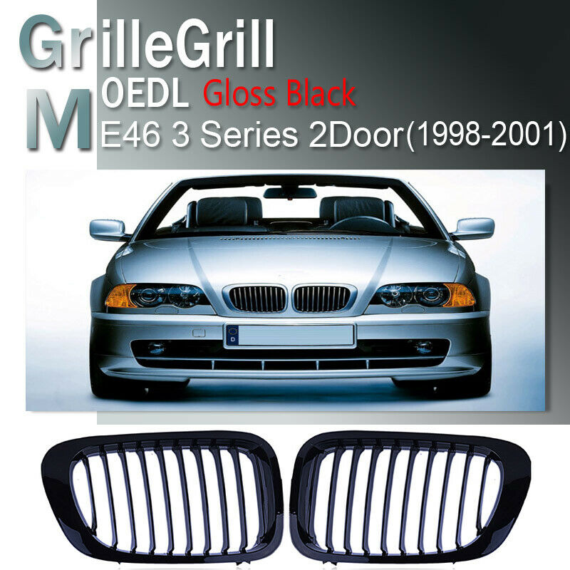 Pair Gloss Black Kidney Grill Grille For BMW E46 Coupe Cabrio 99-03 Pre-facelift