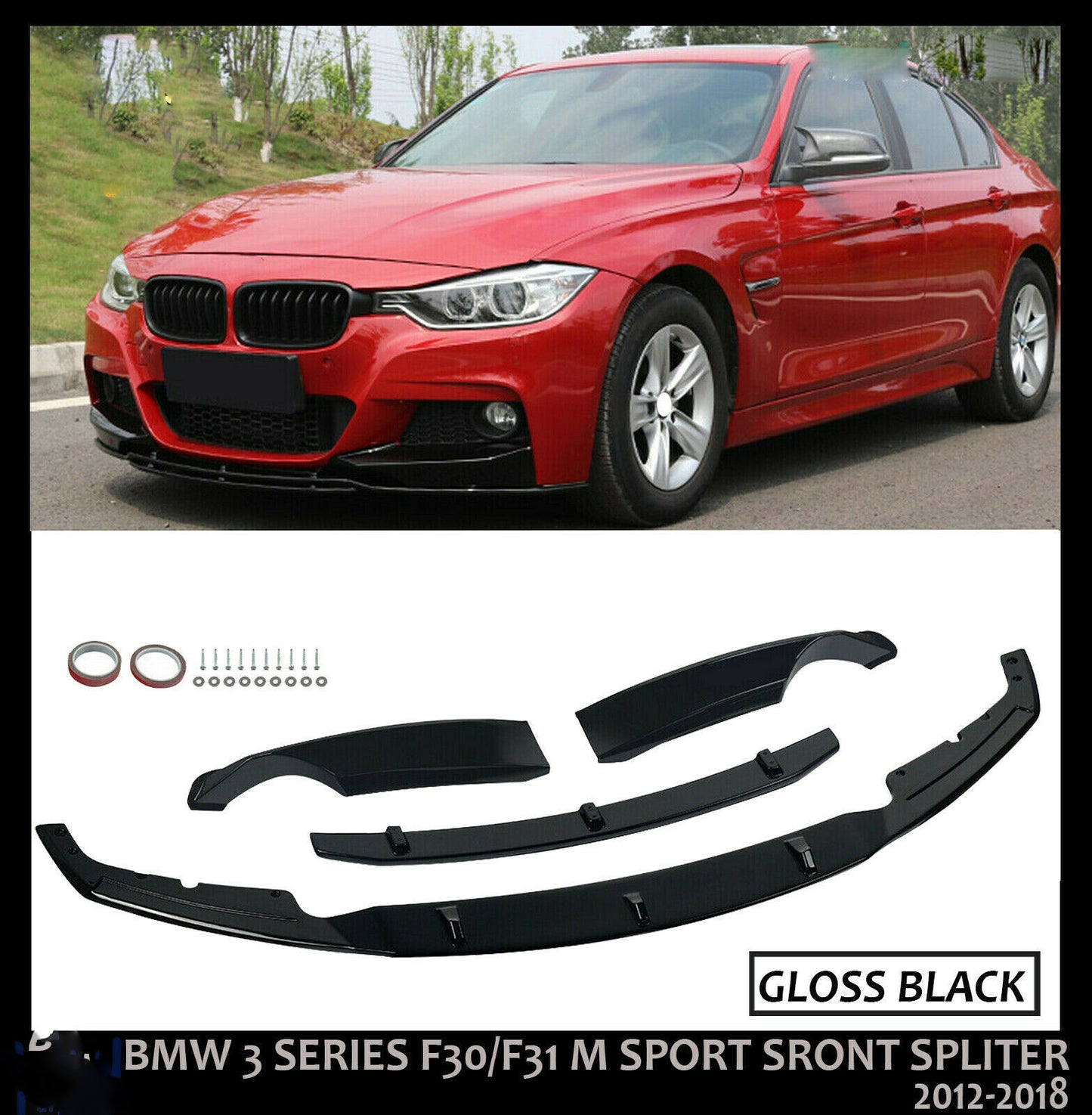 BMW 3 SERIES F30 F31 FRONT SPLITTER LIP SPOILER SIDE GLOSS BLACK 3D STYLE