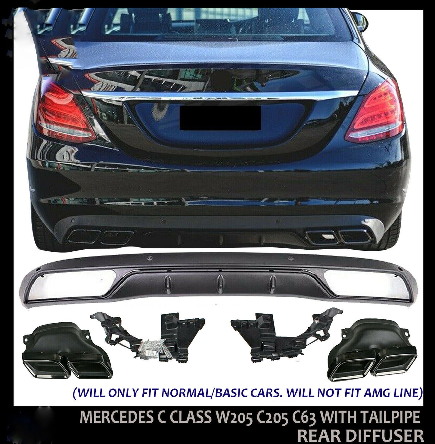 MERCEDES C CLASS W205 C63 LOOK REAR DIFFUSER VALANCE WITH TAILPIPE BLACK
