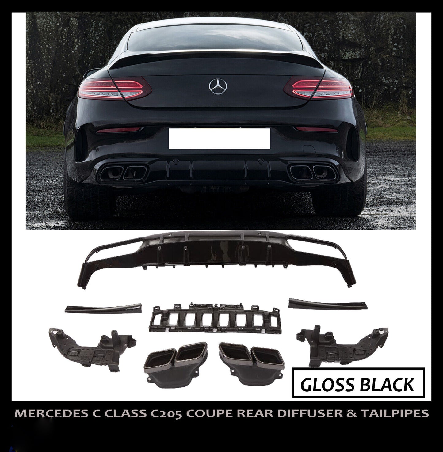 MERCEDES C CLASS A205 C205 COUPE AMG C63 S STYLE REAR DIFFUSER + BLACK TAILPIPES