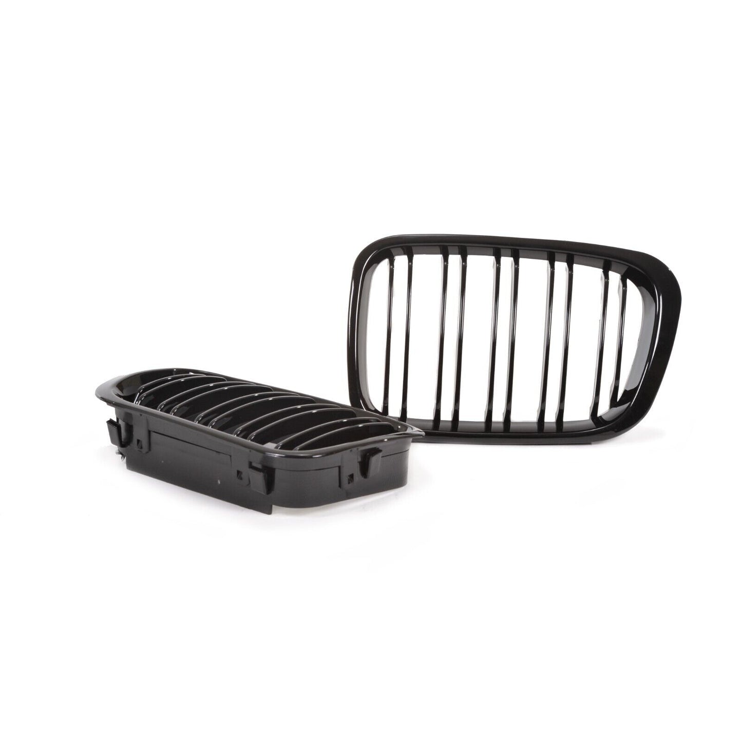 BMW E46 4DR 98-01 GLOSS BLACK FRONT KIDNEY GRILLES GRILLS TWIN DOUBLE SPOKE