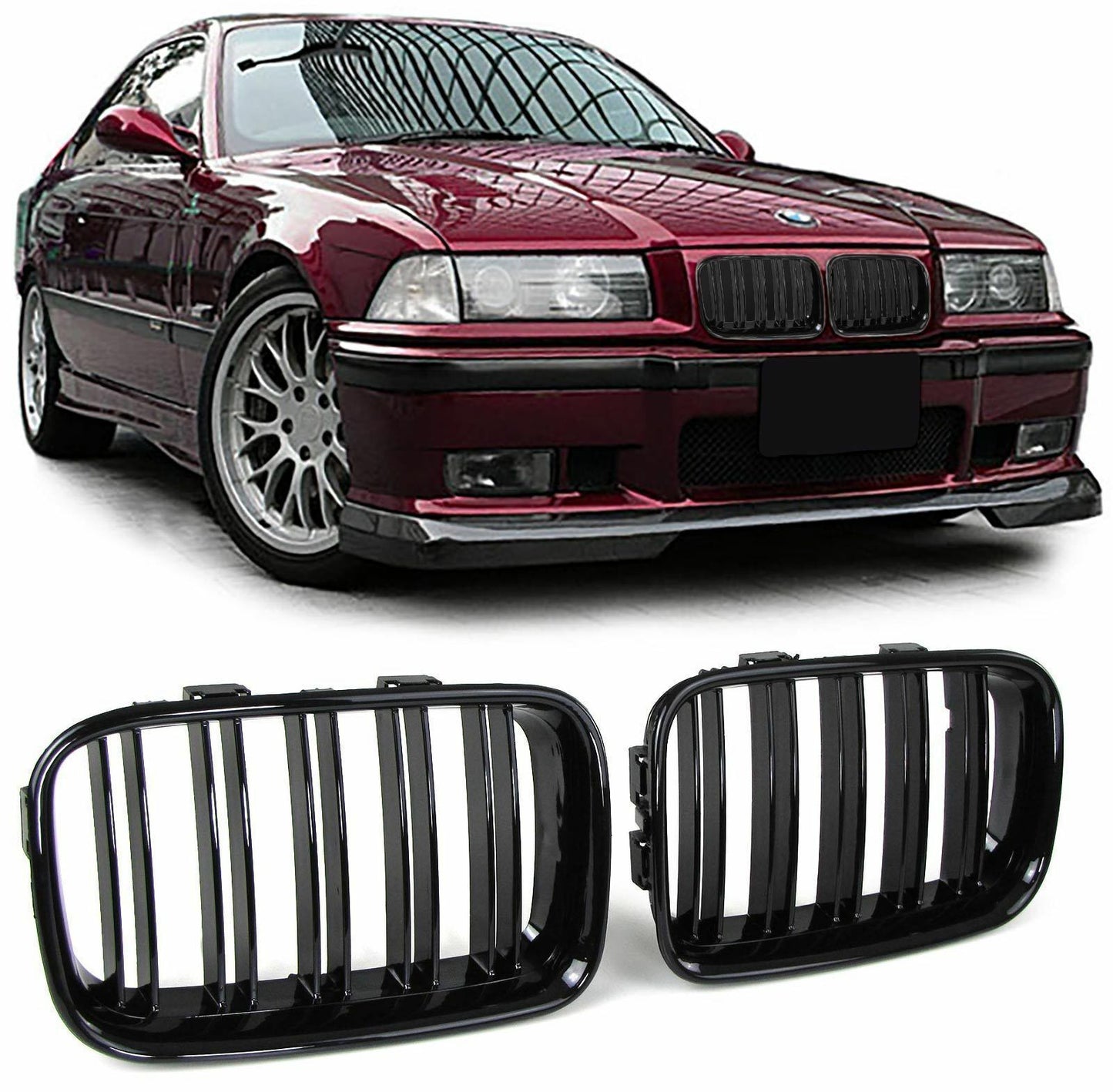 BMW E36 91-96 gloss black front kidney grilles grille grills double spoke slat