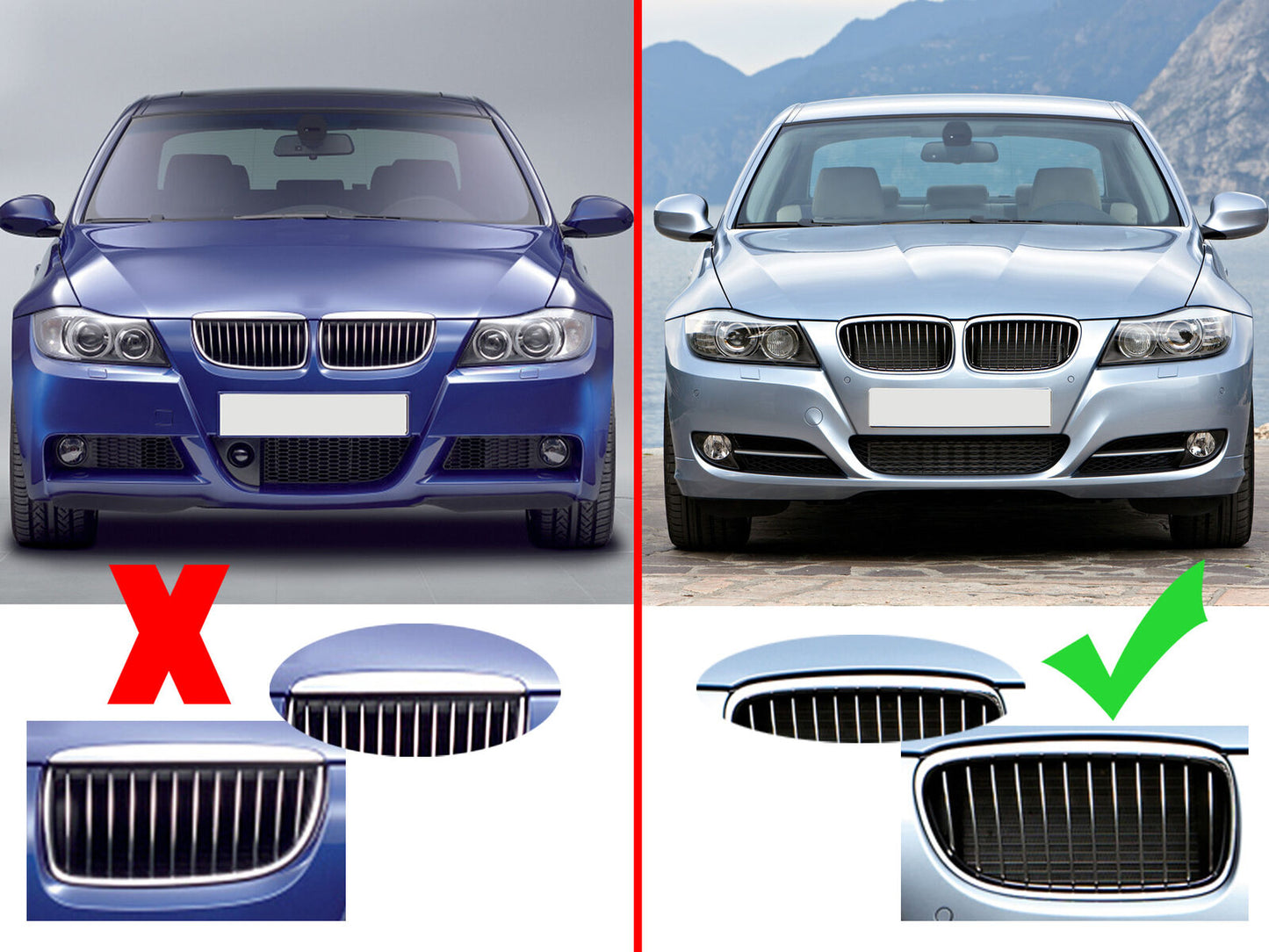 Black M Sport Dual Line Front Grille Kidney for 09-11 BMW E90 E91 3-Series Sedan
