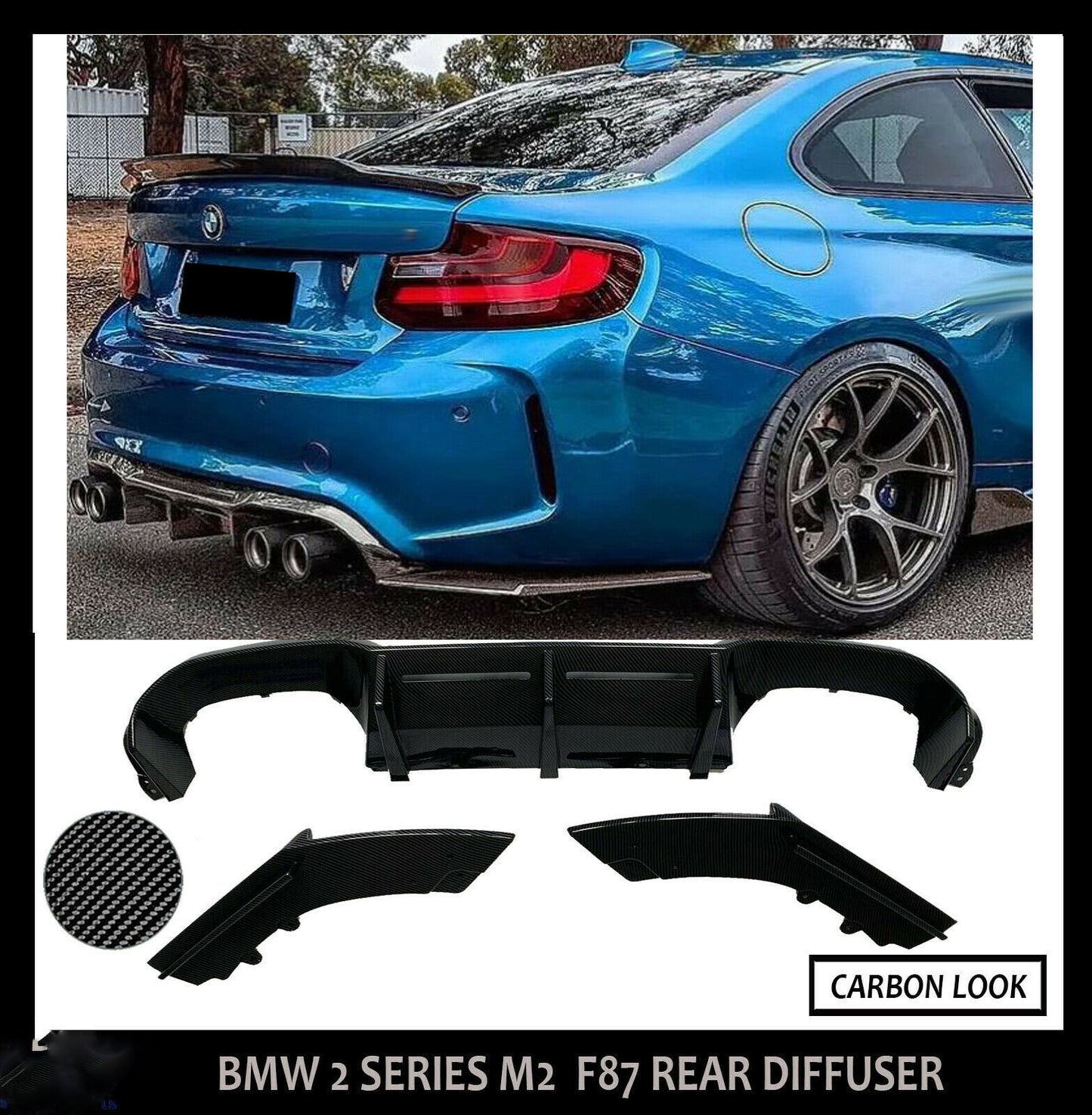 FOR BMW F87 M2 REAR DIFFUSER SPLITTER VALANCE 3PC MTC STYLE 2015+ CARBON LOOK