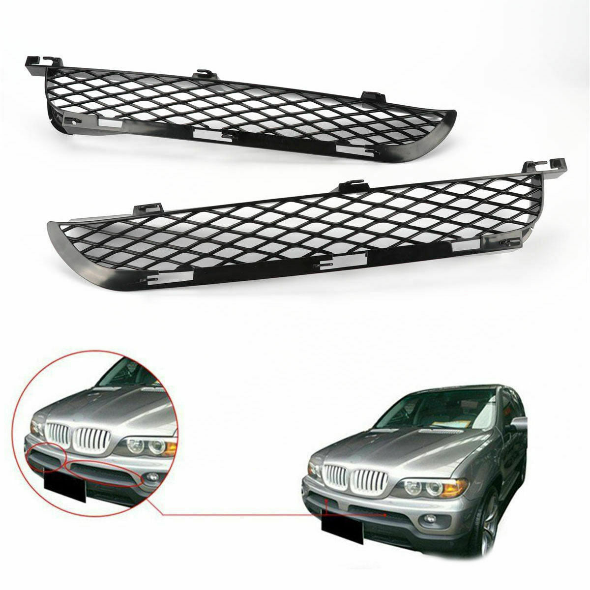 Pair ABS Upper Bumper Mesh Grille Grill Black For BMW X5 E53 2003-06 Facelift a