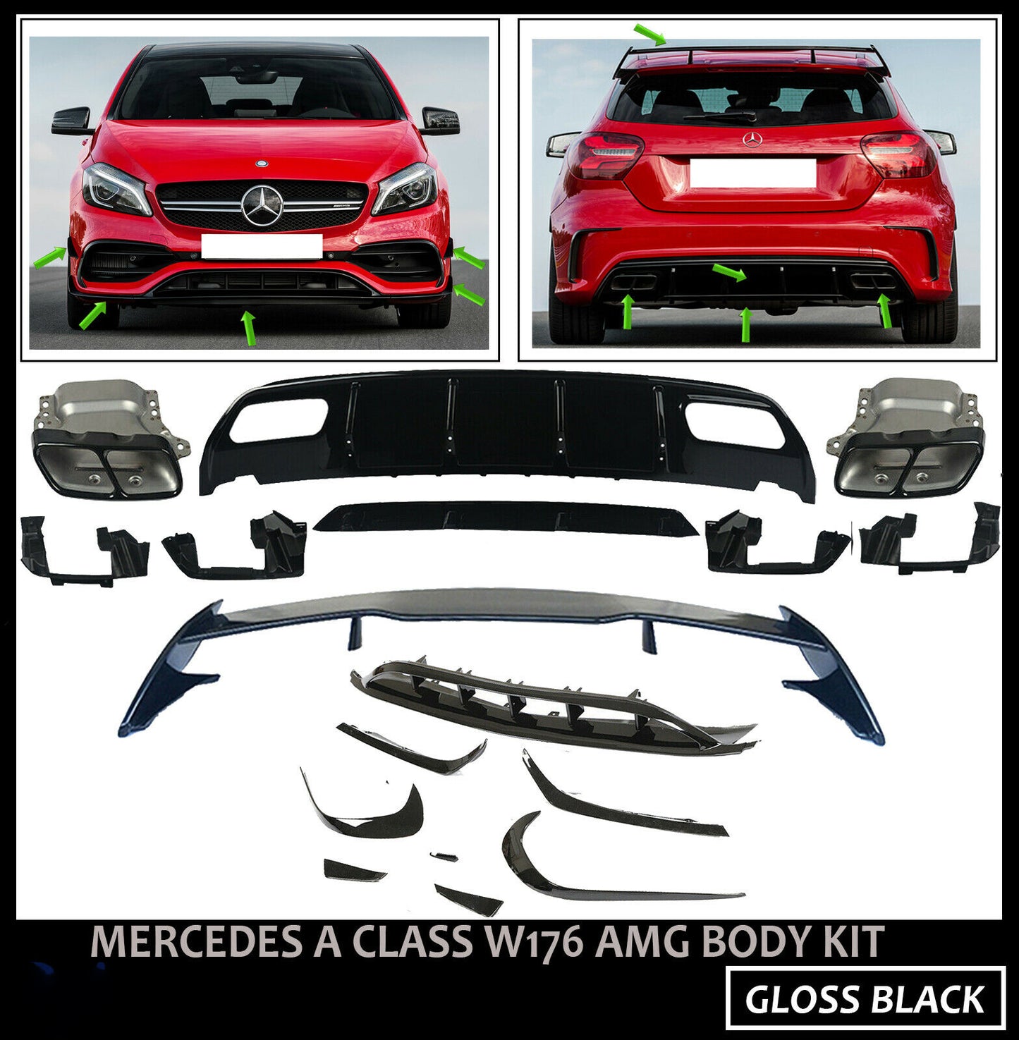 MERCEDES A CLASS W176 AMG A45 LOOK BODYKIT REAR DIFFUSER SPLITTER ROOF SPOILER