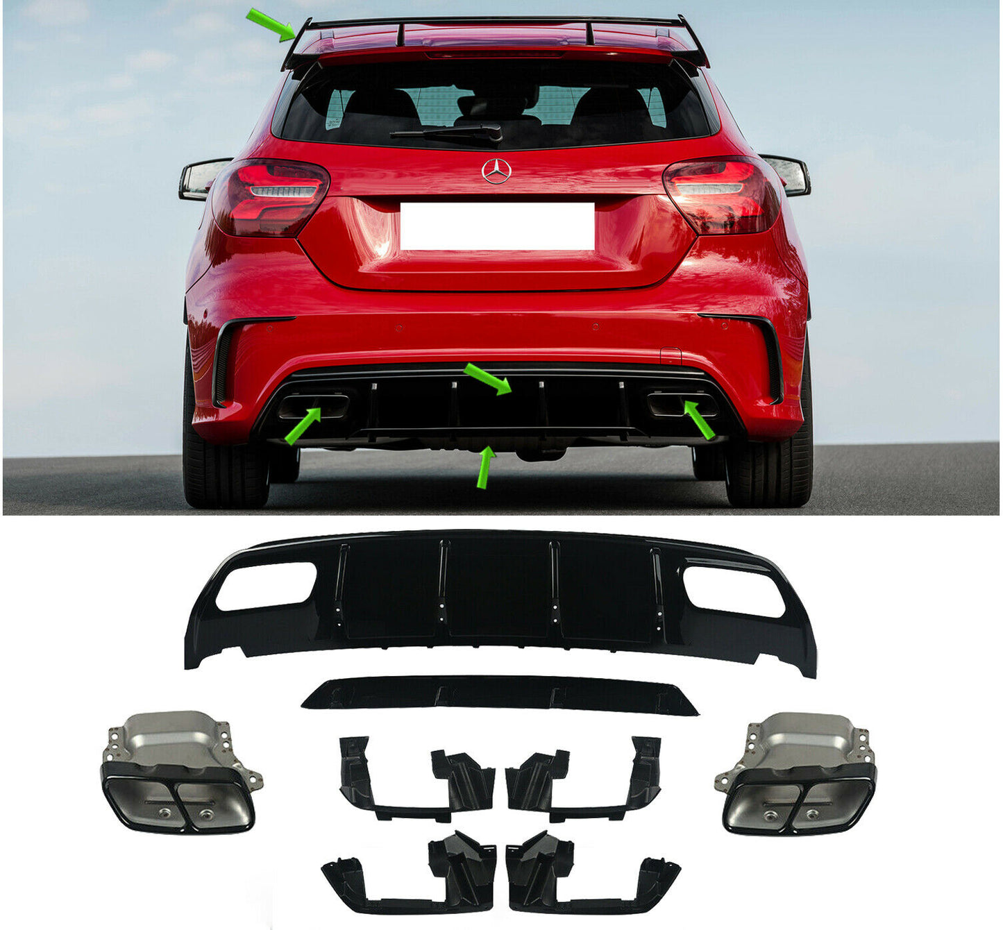 MERCEDES A CLASS W176 AMG A45 LOOK BODYKIT REAR DIFFUSER SPLITTER ROOF SPOILER