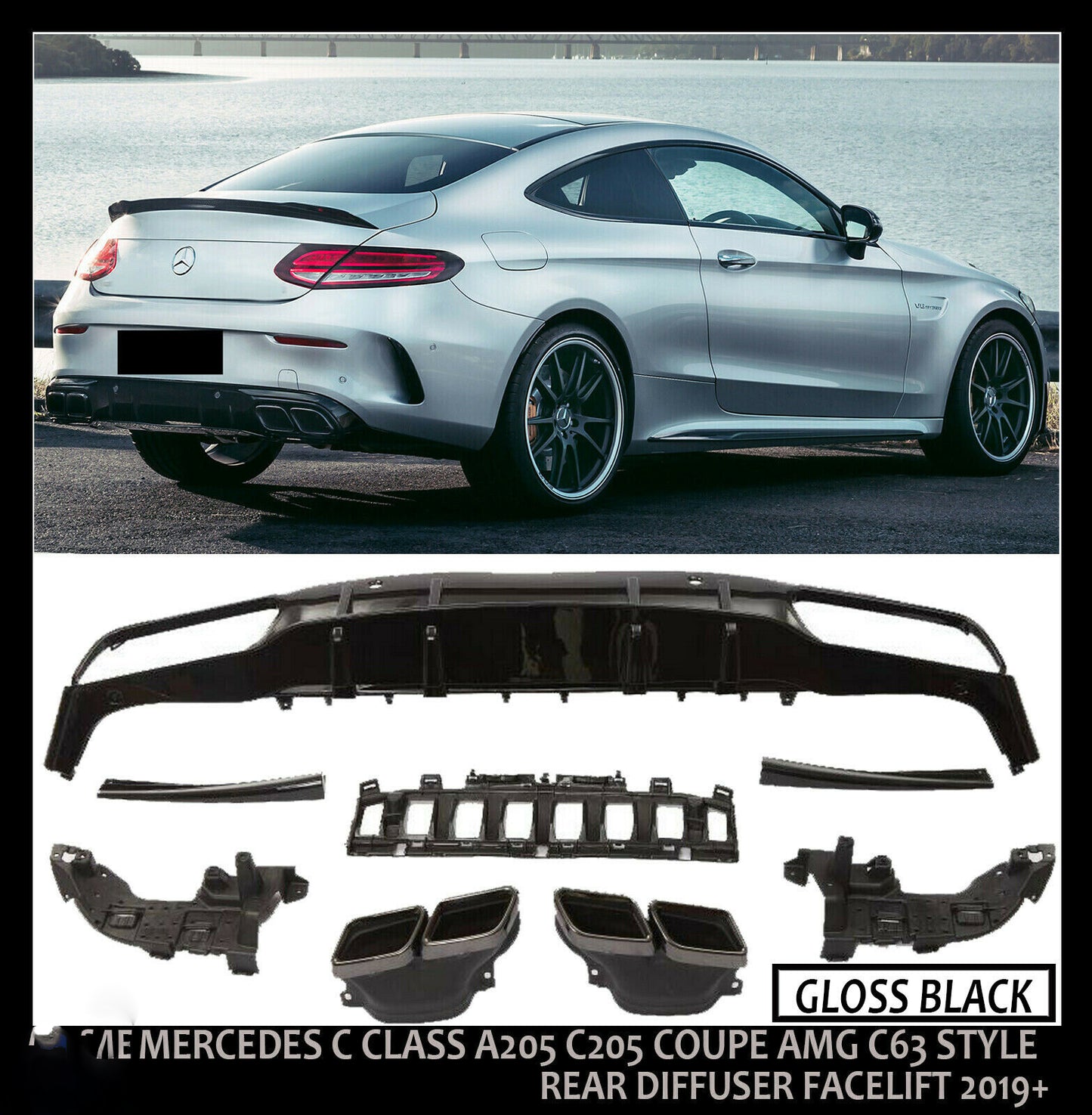 MERCEDES C CLASS A205 C205 COUPE AMG C63 STYLE REAR DIFFUSER FACELIFT 2019+