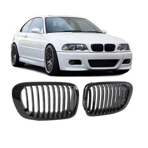 BMW E46 2DR - 03 PRE LCi GLOSS BLACK FRONT KIDNEY GRILLES GRILLS SINGLE SPOKE
